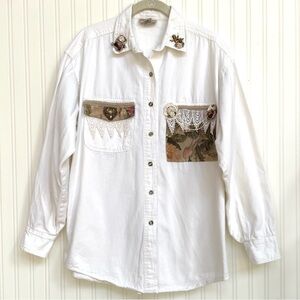 Women’s 80s Vintage Button Down White Denim Shirt Top Embellished Lace Fringe, M